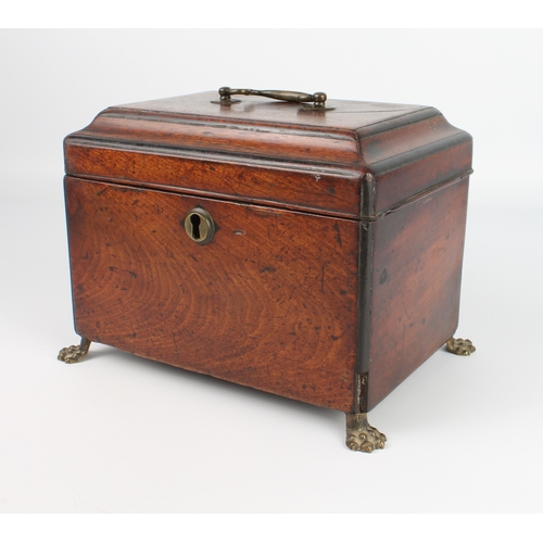 659 - A mid-18th century mahogany and fruitwood tea caddy on brass lion's paw feet (LWH 25 x 17.5 x 18 cm)