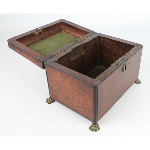 659 - A mid-18th century mahogany and fruitwood tea caddy on brass lion's paw feet (LWH 25 x 17.5 x 18 cm)