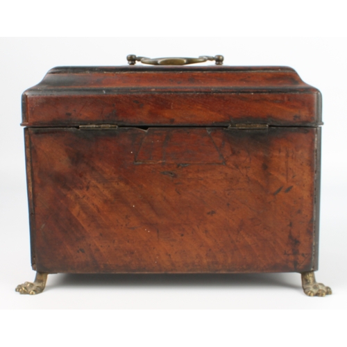 659 - A mid-18th century mahogany and fruitwood tea caddy on brass lion's paw feet (LWH 25 x 17.5 x 18 cm)