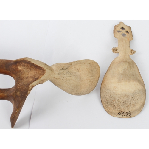 673 - A Sami Lapland carved reindeer antler spoon - the pear-shaped bowl with engraved pictorial of a rein... 