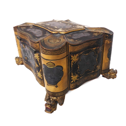 675 - A Chinese export chinoiserie lacquer tea caddy - 19th century, of serpentine rectangular form, decor... 