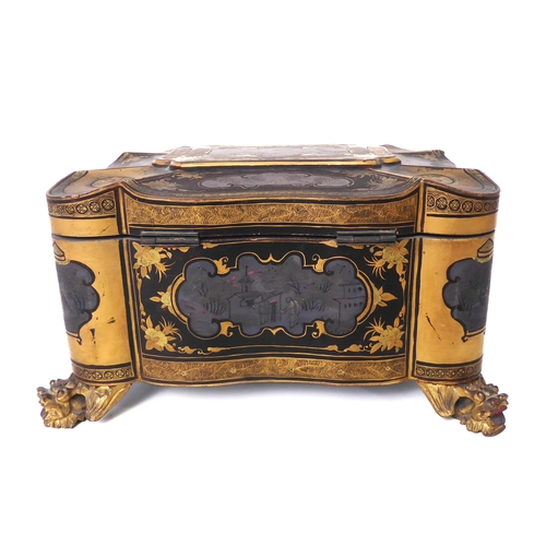 675 - A Chinese export chinoiserie lacquer tea caddy - 19th century, of serpentine rectangular form, decor... 