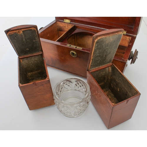 676 - A mid-19th century mahogany sarcophagus tea caddy - with fan carved handles and turned bun feet, the... 