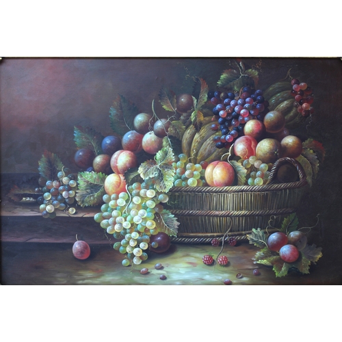 366 - Continental School (second half 20th century)
 Still life of a basket of fruit and gourds
 oil on ca... 