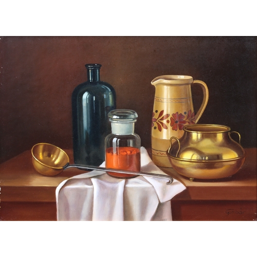 369 - Andras Gombar (Hungarian, b.1946)
 Still life of a brass vase, ladle, jug, glass bottle and spice ja... 