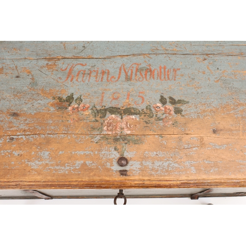 449 - A Swedish iron bound, painted pine chest - 19th century, painted light blue, the moulded lid decorat... 