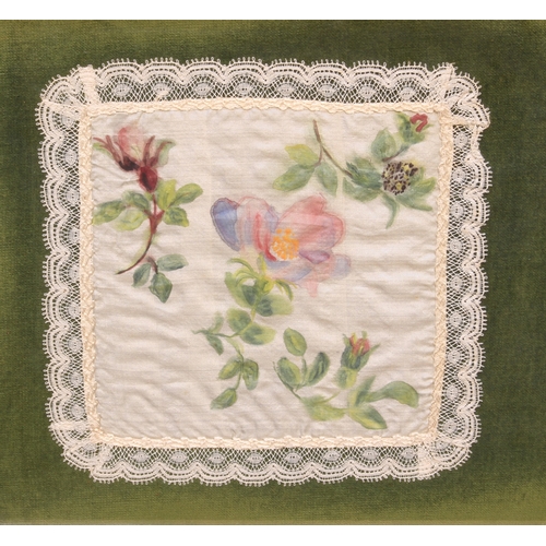 573 - Two framed sets of three 19th century handpainted lace handkerchiefs - each painted with a different... 