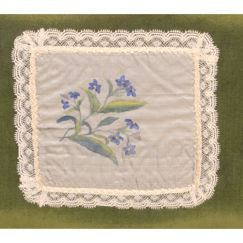 573 - Two framed sets of three 19th century handpainted lace handkerchiefs - each painted with a different... 