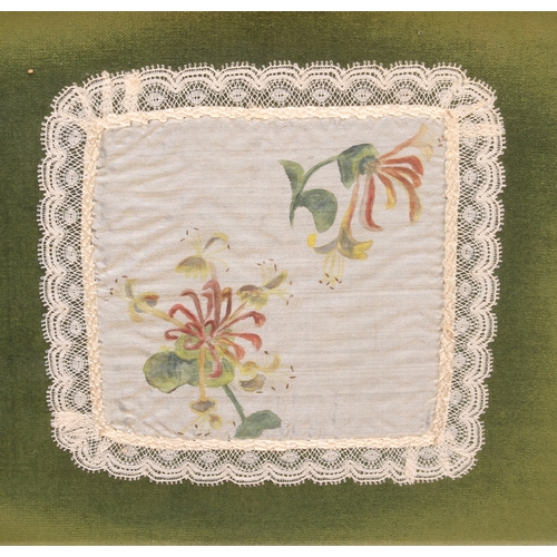 573 - Two framed sets of three 19th century handpainted lace handkerchiefs - each painted with a different... 