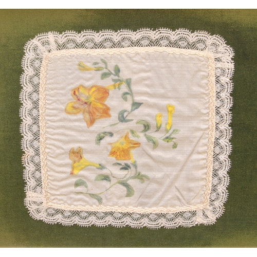 573 - Two framed sets of three 19th century handpainted lace handkerchiefs - each painted with a different... 