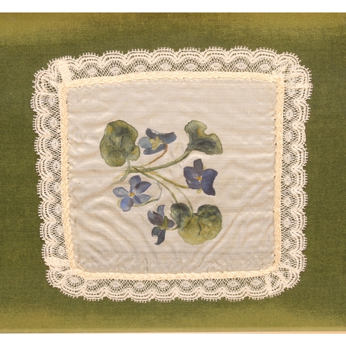 573 - Two framed sets of three 19th century handpainted lace handkerchiefs - each painted with a different... 