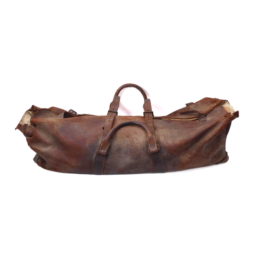 629 - An antique leather cricket bag - initialled 'G.E.A', with cloth lining, two top handles and carrying... 