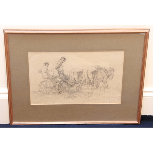 296 - English School (early 20th century)
 Haymaking
 pencil drawing, unsigned, plain oak frame
 9 x 14¼ i... 