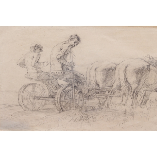 296 - English School (early 20th century)
 Haymaking
 pencil drawing, unsigned, plain oak frame
 9 x 14¼ i... 