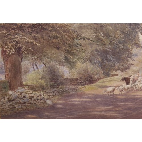 299 - Alice E. De Maine (British, 19th century)
 Cattle and sheep on a country road
 watercolour, signed a... 