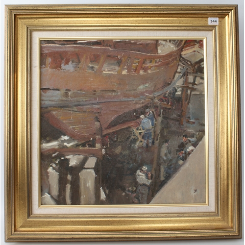 344 - T* J* E*
 'Boatbuilders Morocco'
 oil on canvas titled on stretcher, monogrammed
 20 x 20 in (51 x 5... 