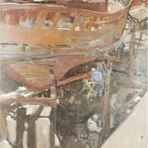 344 - T* J* E*
 'Boatbuilders Morocco'
 oil on canvas titled on stretcher, monogrammed
 20 x 20 in (51 x 5... 