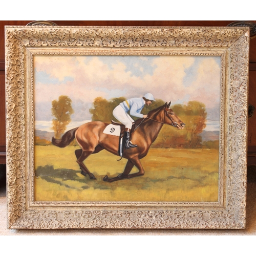 381 - English School (mid-20th century)
 Point to point rider in a summer landscape
 oil on canvas, unsign... 