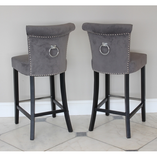 507 - A pair of chair back bar stools - modern, with flared, buttoned scroll backs and large chrome loose ... 