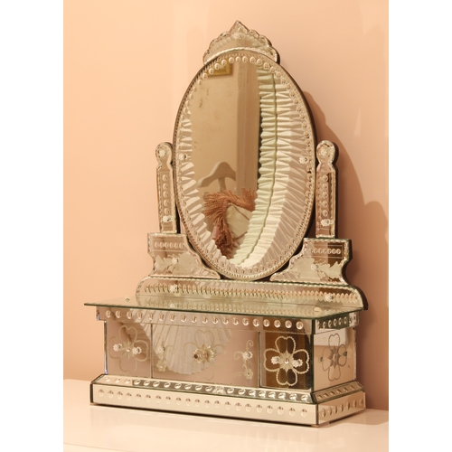 537 - A Venetian style mirrored box base toilet mirror - modern, the fixed oval plate with shaped cresting... 