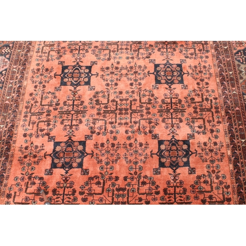 562 - An Afghan hand knotted wool rug - second half 20th century, the pale madder field with two rows of f... 