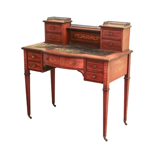 423 - An Edwardian mahogany, satinwood and marquetry bonheur du jour - the raised back with two banks of t... 