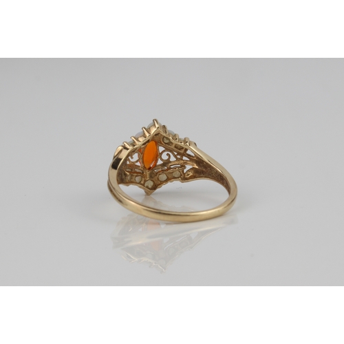 248 - A 9ct gold. white opal and fire opal cluster ring  - the central marquis cut fire opal within a pier... 