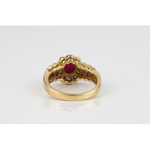 193 - An 18ct yellow gold, ruby and diamond cluster ring - stamped '750', the central 5 x 3.5mm oval cut r... 