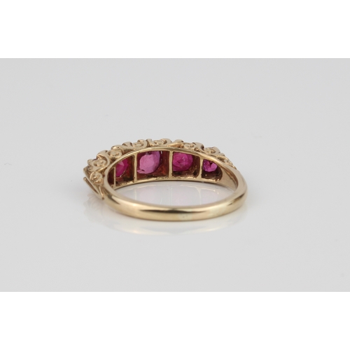 185 - An 18ct yellow gold, ruby and diamond Victorian style ring - not marked, tests as 18ct gold, the fiv... 