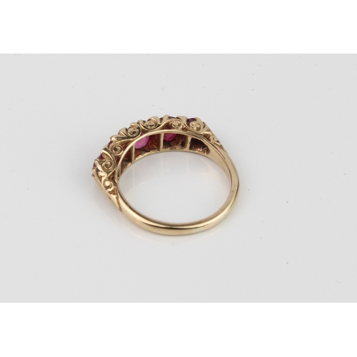 185 - An 18ct yellow gold, ruby and diamond Victorian style ring - not marked, tests as 18ct gold, the fiv... 