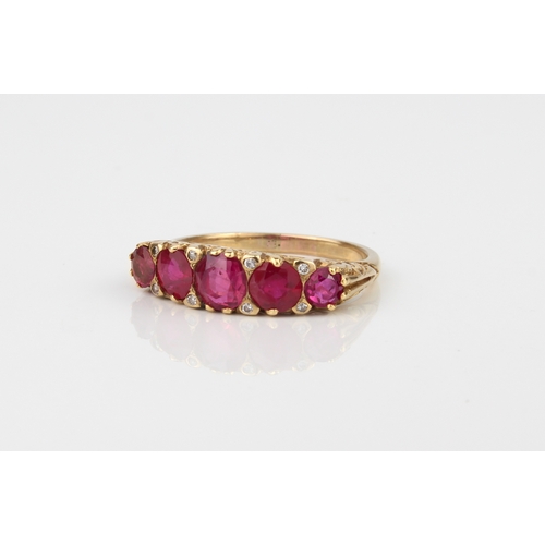 185 - An 18ct yellow gold, ruby and diamond Victorian style ring - not marked, tests as 18ct gold, the fiv... 