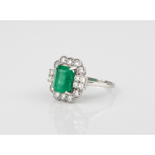 219 - A platinum, emerald and diamond cluster ring - the 8.5 x 6mm emerald within a border of ten millegra... 