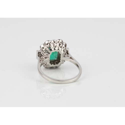 219 - A platinum, emerald and diamond cluster ring - the 8.5 x 6mm emerald within a border of ten millegra... 