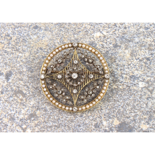 176 - A fine Edwardian Belle Epoque 18ct gold, silver, seed pearl and diamond target brooch - unmarked but... 