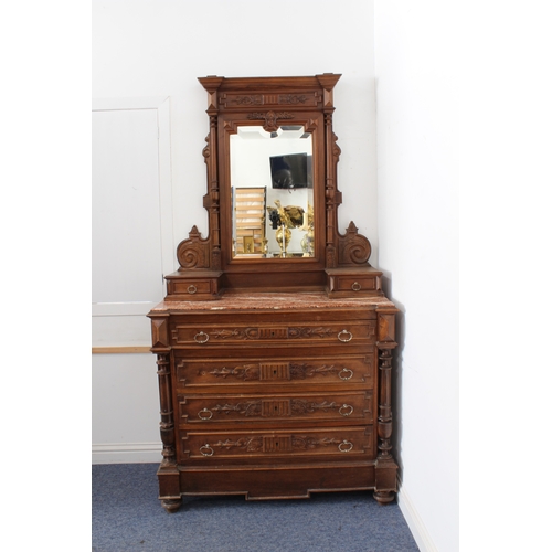 461 - A French walnut and marble dressing chest with mirror - late 19th century, the tall mirrored back wi... 