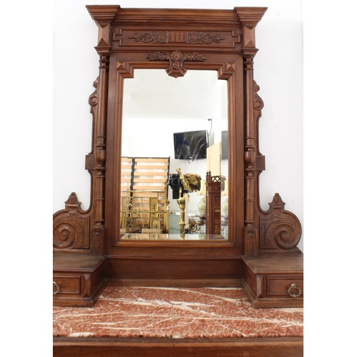 461 - A French walnut and marble dressing chest with mirror - late 19th century, the tall mirrored back wi... 