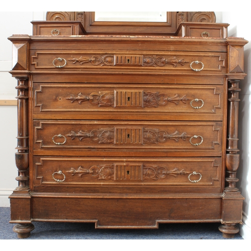 461 - A French walnut and marble dressing chest with mirror - late 19th century, the tall mirrored back wi... 