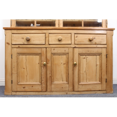 464 - A Victorian and later waxed pine glazed dresser - the moulded cornice over a pair of four-pane glaze... 