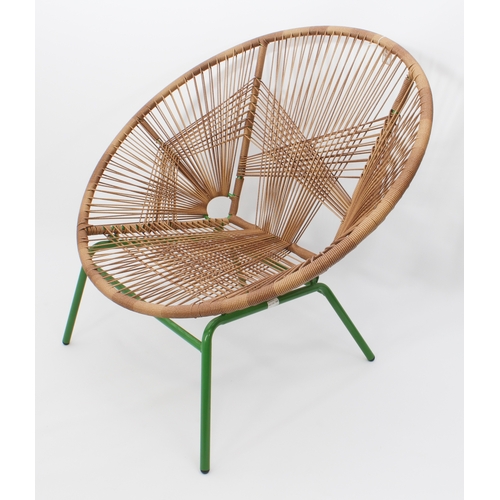 491 - A pair of retro 1960s style Habitat Jambi chairs - the rattan seats on green painted tubular metal f... 