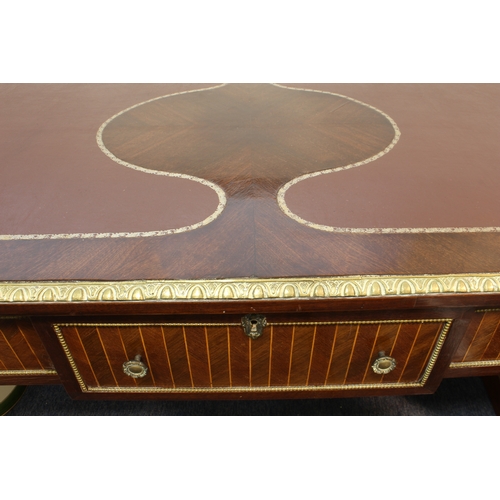 504 - A Louis XVI style mahogany, rosewood and kingwood bureau plat - late 20th century, the rectangular t... 