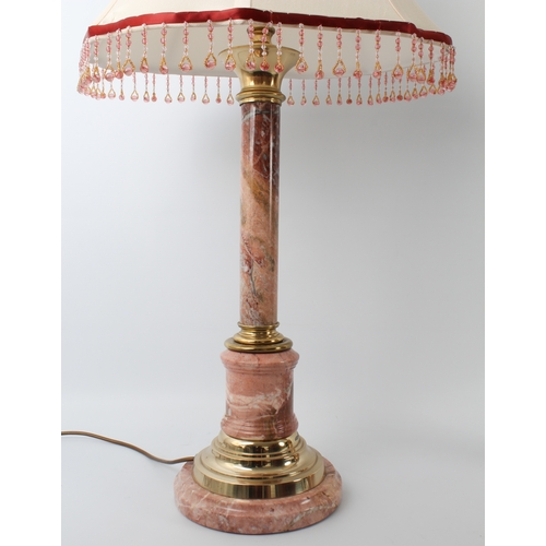 552 - A pair of rouge marble and brass table lamps - modern, of column form, ivory silk shades with beaded... 