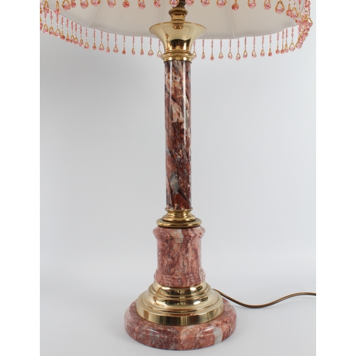 552 - A pair of rouge marble and brass table lamps - modern, of column form, ivory silk shades with beaded... 