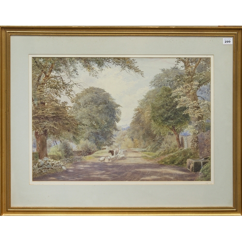 299 - Alice E. De Maine (British, 19th century)
 Cattle and sheep on a country road
 watercolour, signed a... 