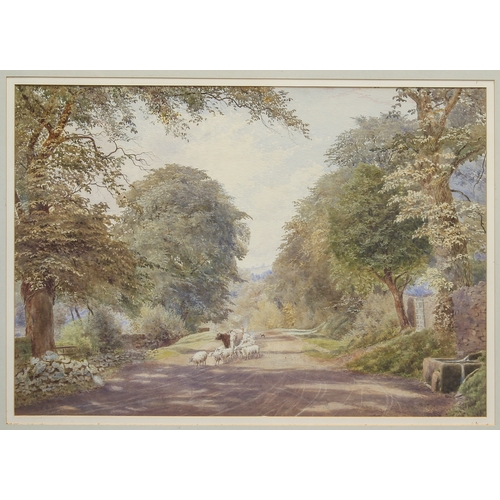 299 - Alice E. De Maine (British, 19th century)
 Cattle and sheep on a country road
 watercolour, signed a... 