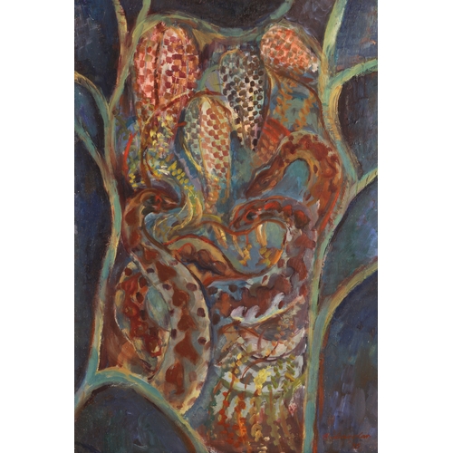 334 - Bernard B Carolan DA Edin. (Scottish 1912-1981)
 'Snakeshead Fritillary and Adders'
 oil on board, s... 