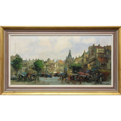 331 - Modern Continental School
 Busy market day in a Northern European town
 oil on canvas, indistinctly ... 