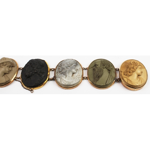 215 - A 19th century Grand Tour vari-colour lava cameo bracelet - the six oval cameos depicting classical ... 