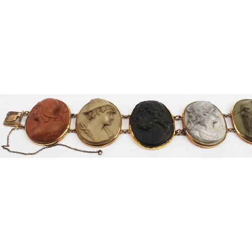 215 - A 19th century Grand Tour vari-colour lava cameo bracelet - the six oval cameos depicting classical ... 