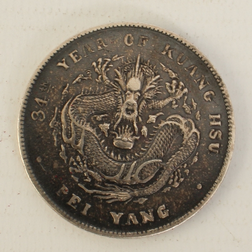 A Chinese silver dragon dollar 1908 coin - for the 34th Year of Kuang ...