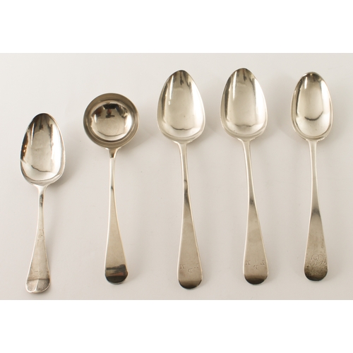 111 - A small group of 19th century silver fiddle pattern flatware:
 a set of five William IV dessert spoo... 